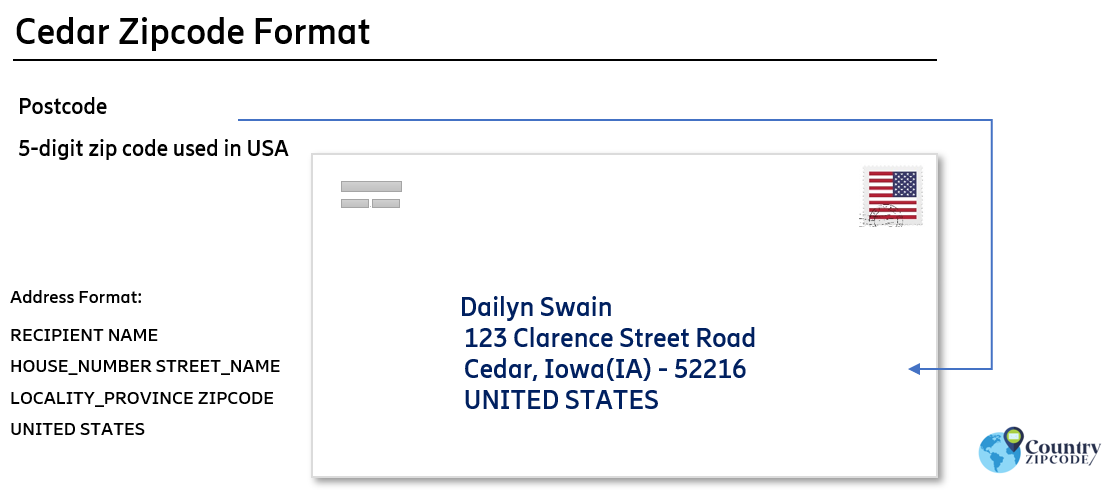 example of Cedar Iowa US Postal code and address format