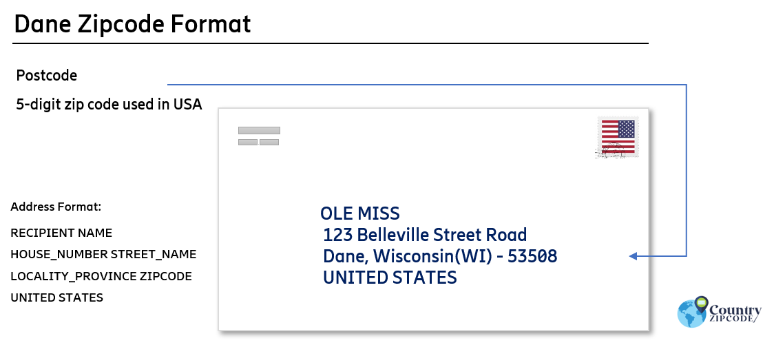 example of Dane Wisconsin US Postal code and address format