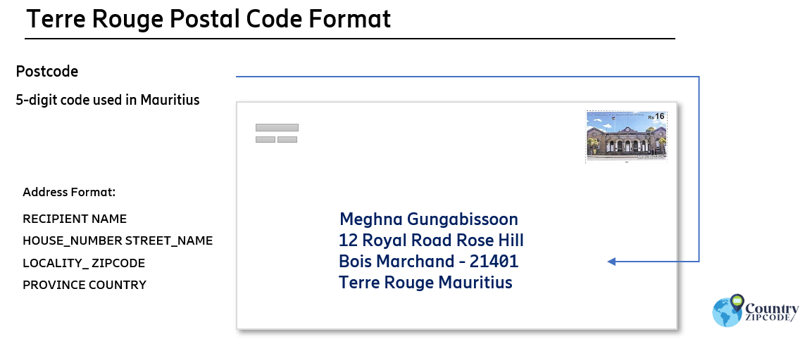 Terre Rouge Mauritius Postal code format